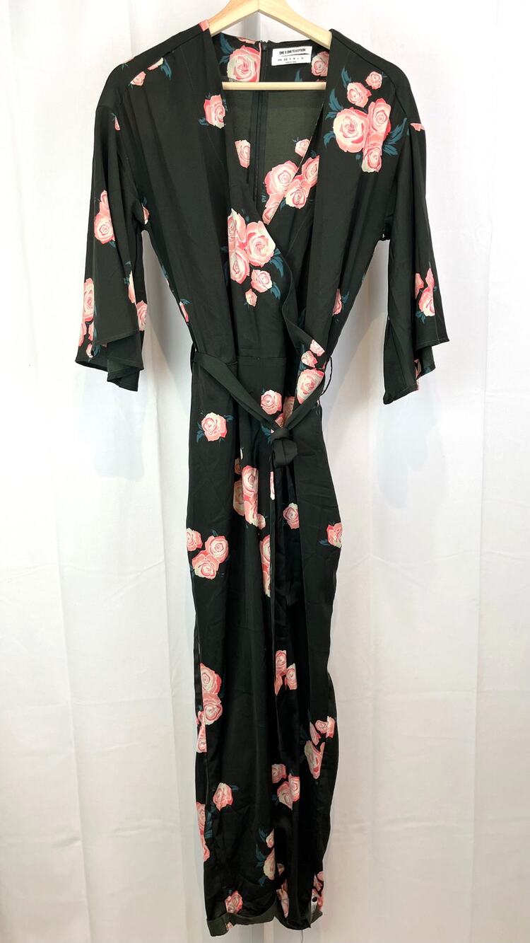 ONE TEASPOON XS Quartermaster Wrap Jumpsuit Floral Flare 3/4 Sleeve Black Pink